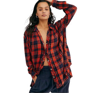 Free People Lila Plaid Oversized Button‎ Up Shirt Women S Orange Cowgirl Raw Hem